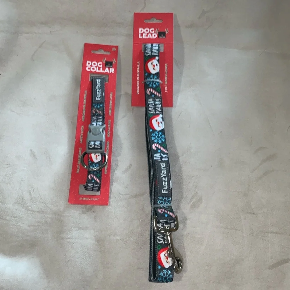 🦋 FUZZYARD Gray SANTA PAWS Set: Collar (Medium) & Leash NWT